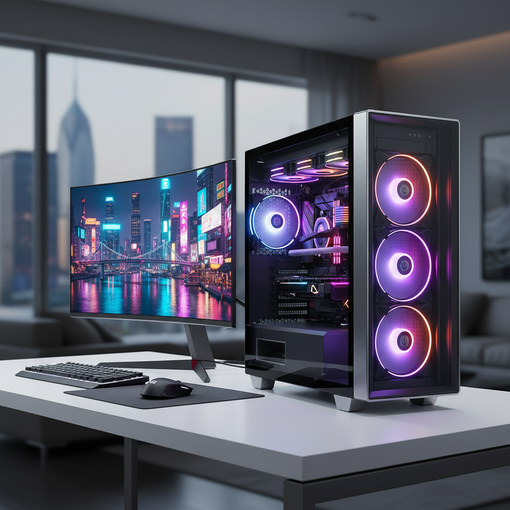 High-end gaming PC and ultra-wide monitor showing neon coastal city