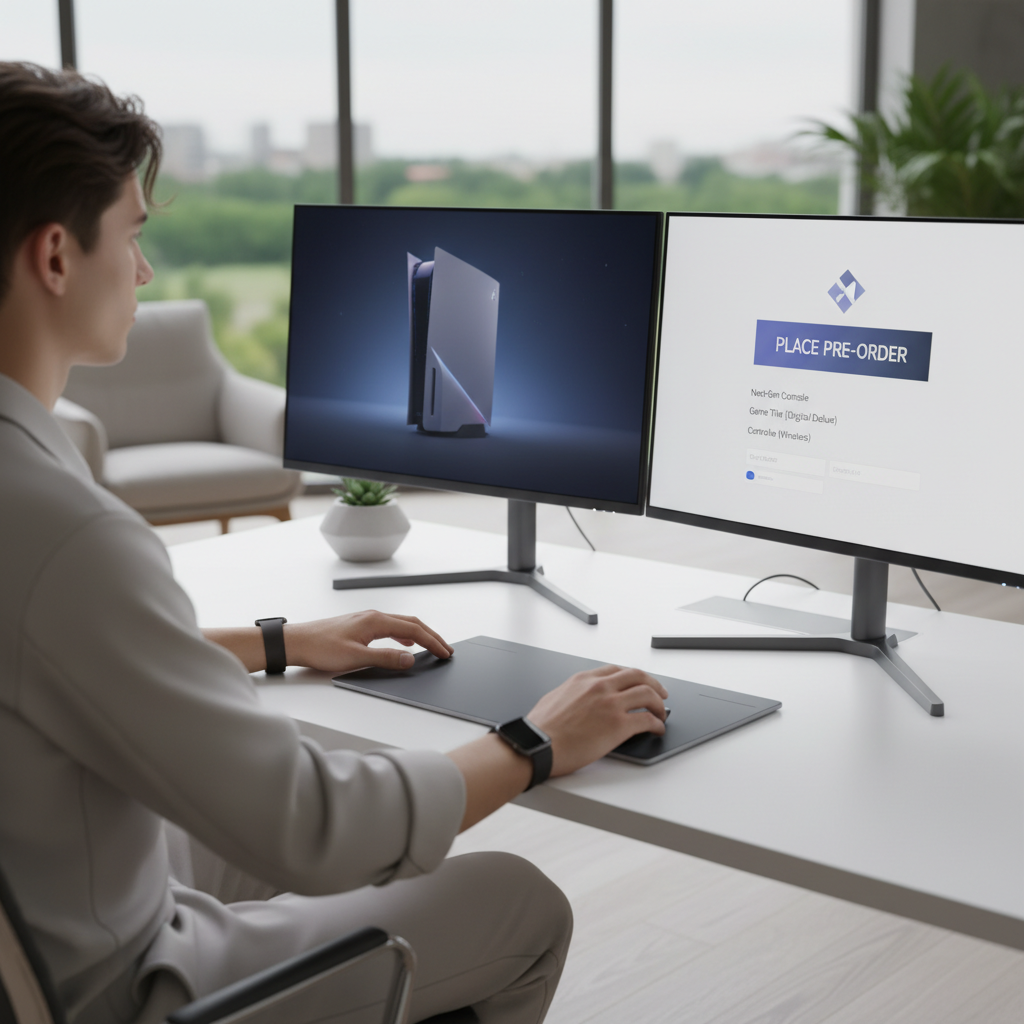 Person placing a pre-order on a console storefront at a minimalist desk
