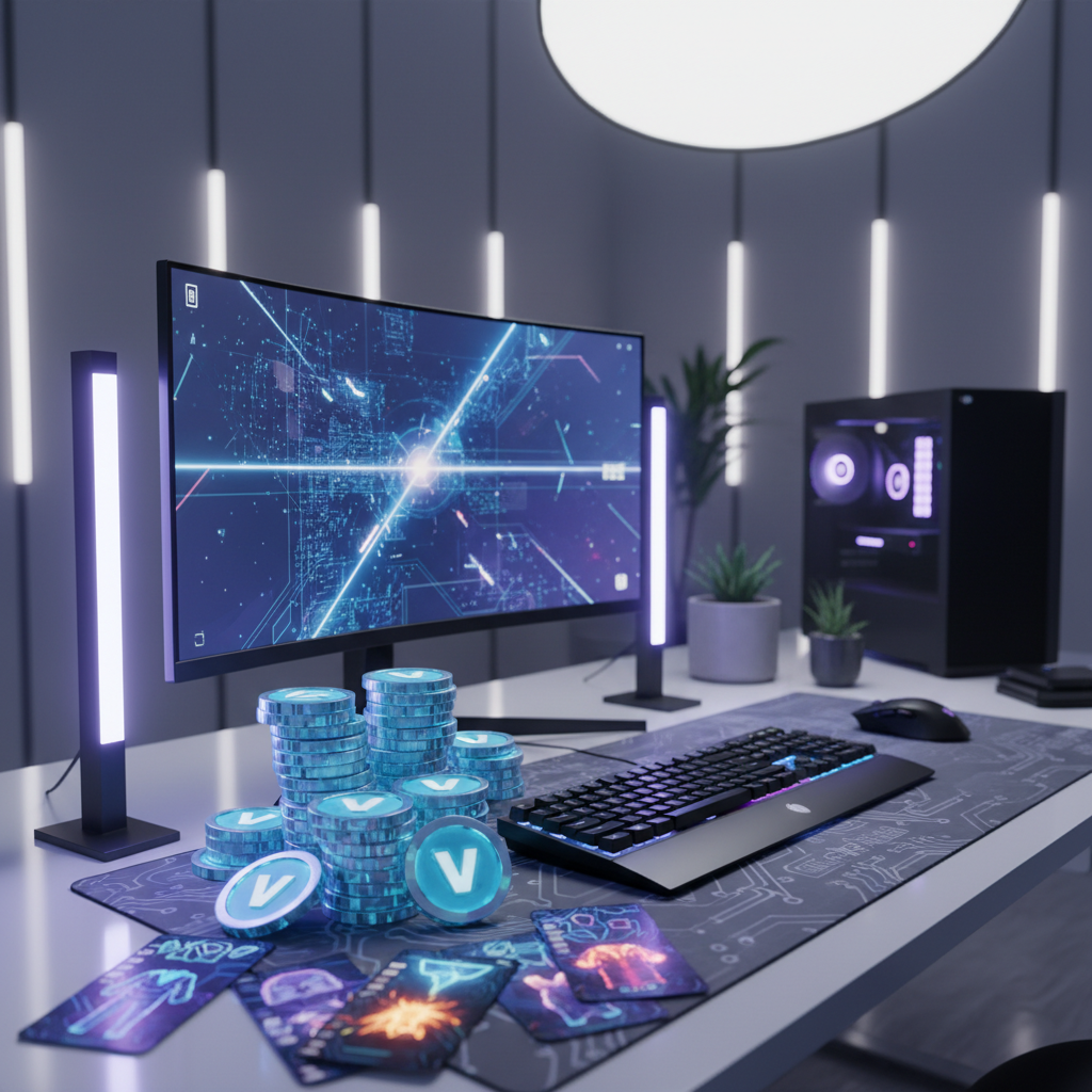 V-Bucks coins and digital cosmetic cards on a clean gaming desktop