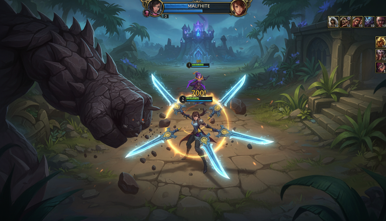 Malphite using Unstoppable Force against Irelia in the top lane