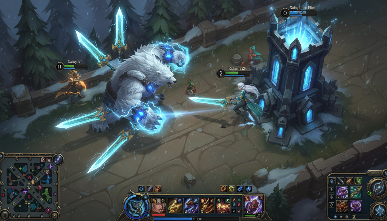 Volibear brawling with Irelia near top lane tower