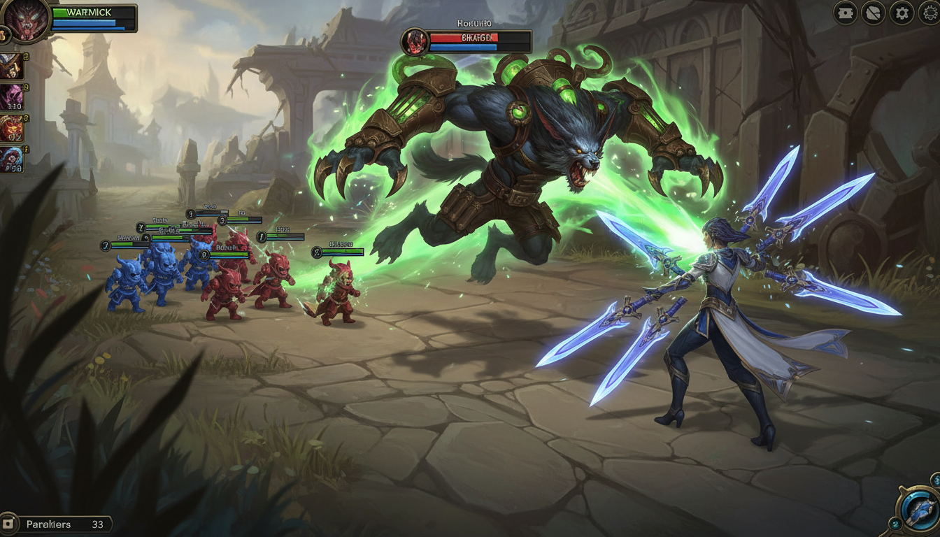 Warwick lunging at Irelia with Q ability in top lane