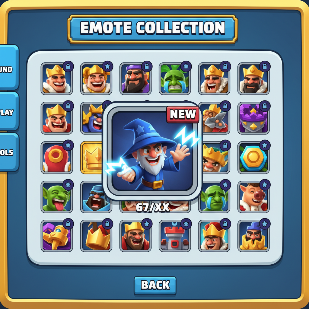 Clash Royale Emote-Sammlungs-Bildschirm mit ausgerüstetem 67-Magier