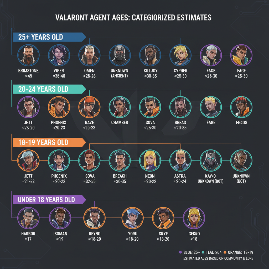 Vollständige Alterstabelle für alle Valorant-Agenten, gruppiert nach geschätzter Altersspanne