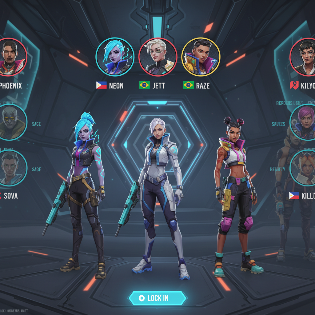 Die jüngsten Agenten Neon, Jett und Raze auf dem Agentenauswahlbildschirm