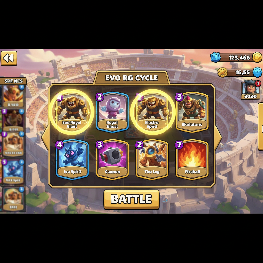 Écran de construction du deck Cycle Géant Royal Évo Clash Royale