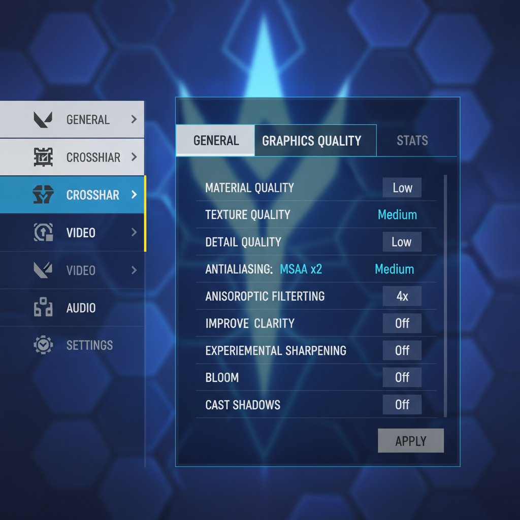 Valorant video settings menu showing the best graphics settings Valorant pros use on patch 12.06