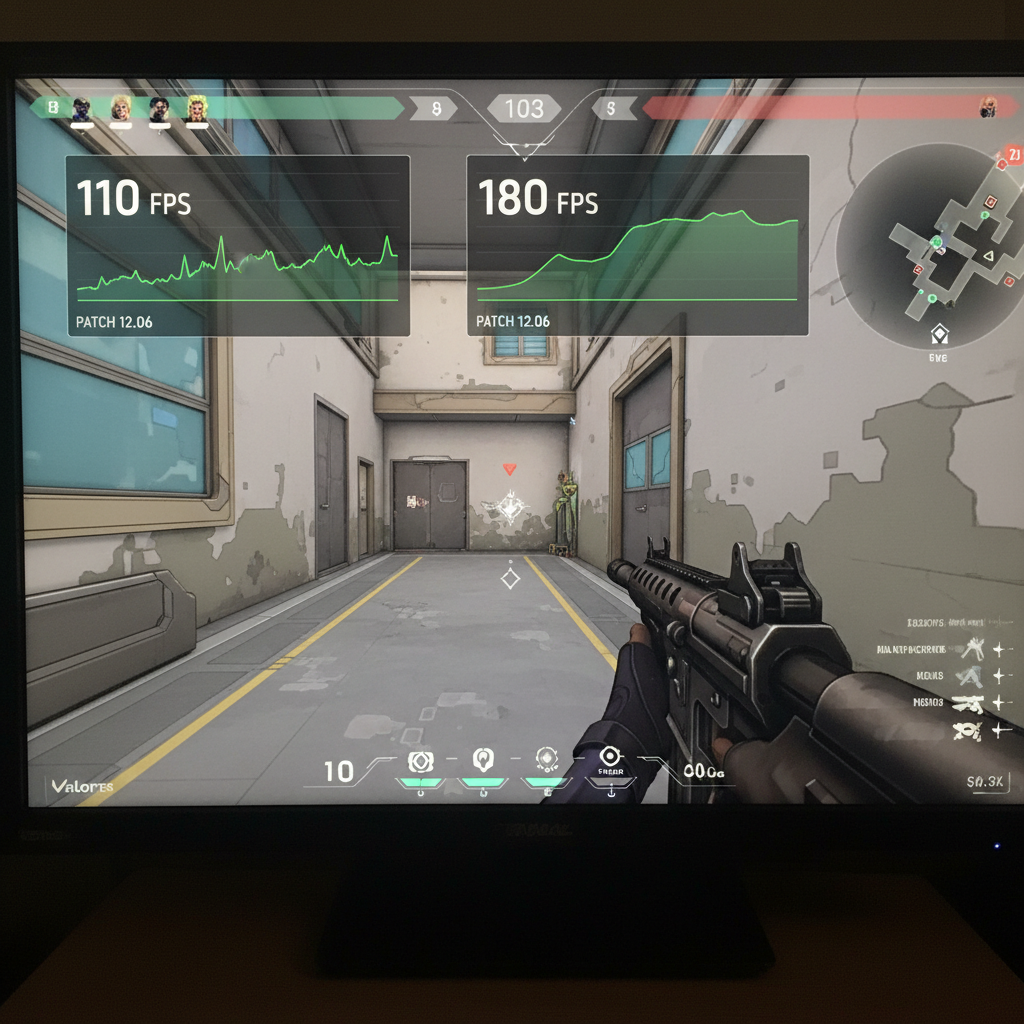 Valorant performance overlay showing FPS before and after applying optimized settings on patch 12.06