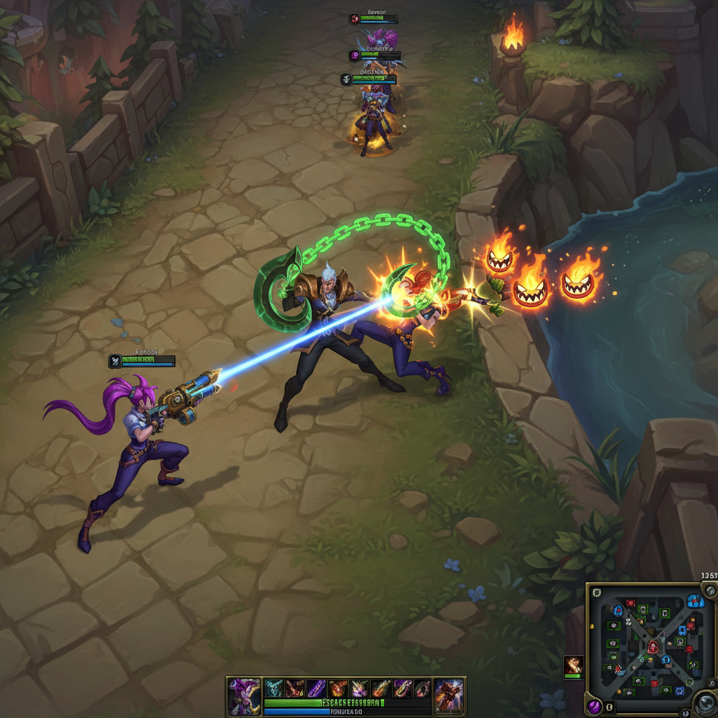 Thresh hook setting up Jinx kill in bot lane