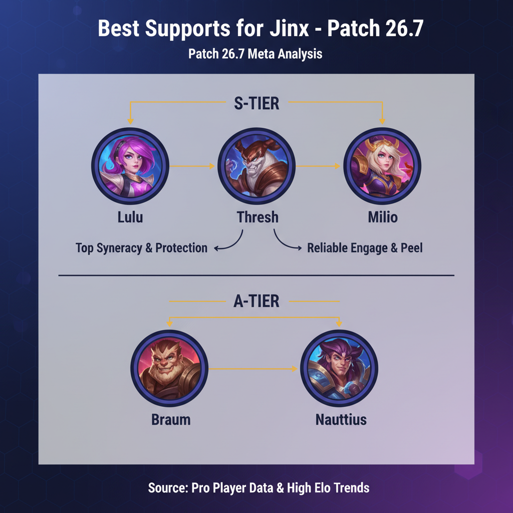 Best supports for Jinx tier list infographic in patch 26.7