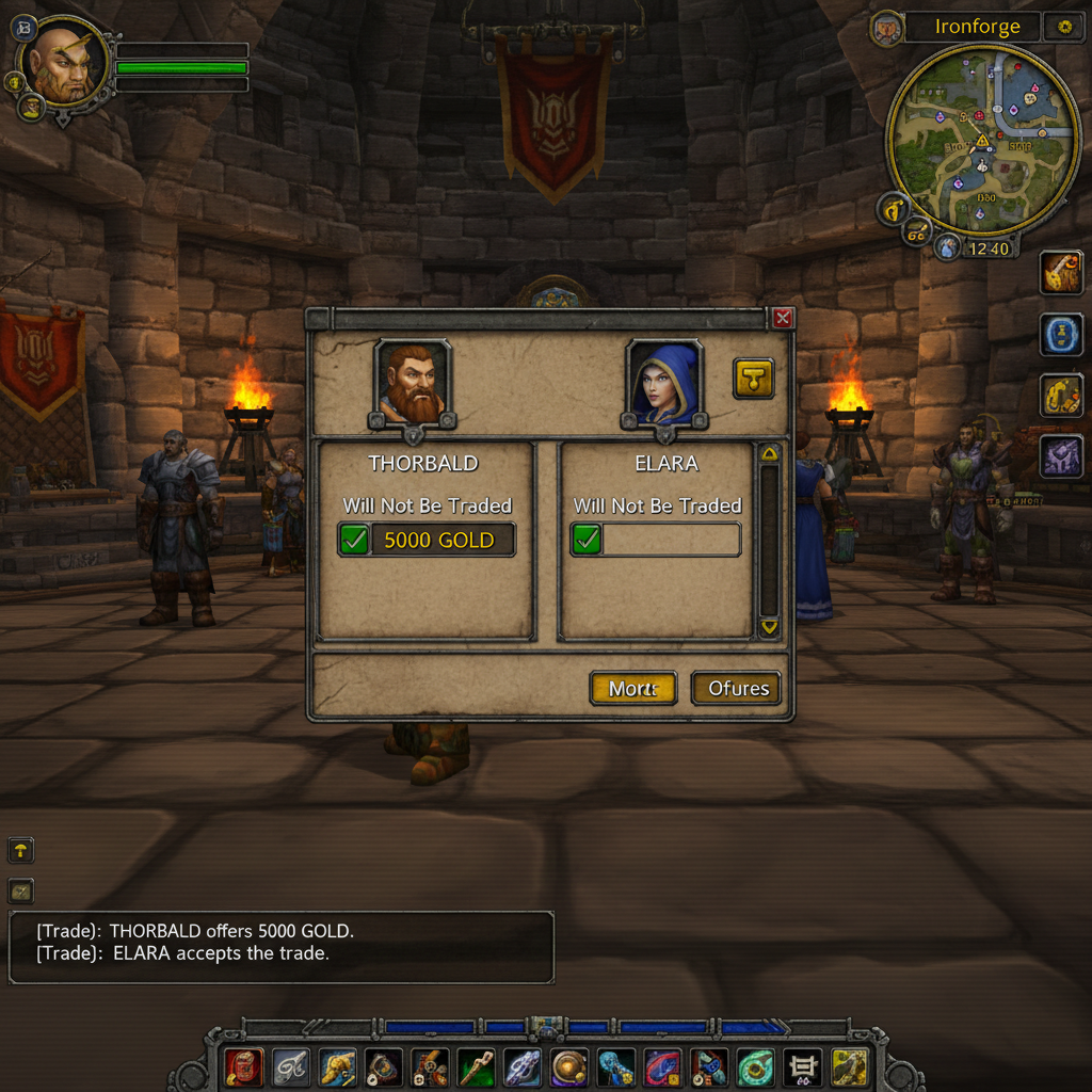 نافذة تبادل WoW Classic تظهر تحويل الذهب في Ironforge