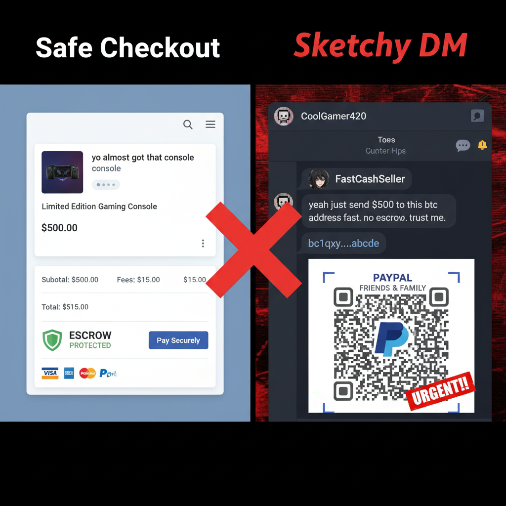 Safe marketplace checkout vs Discord DM scam comparison