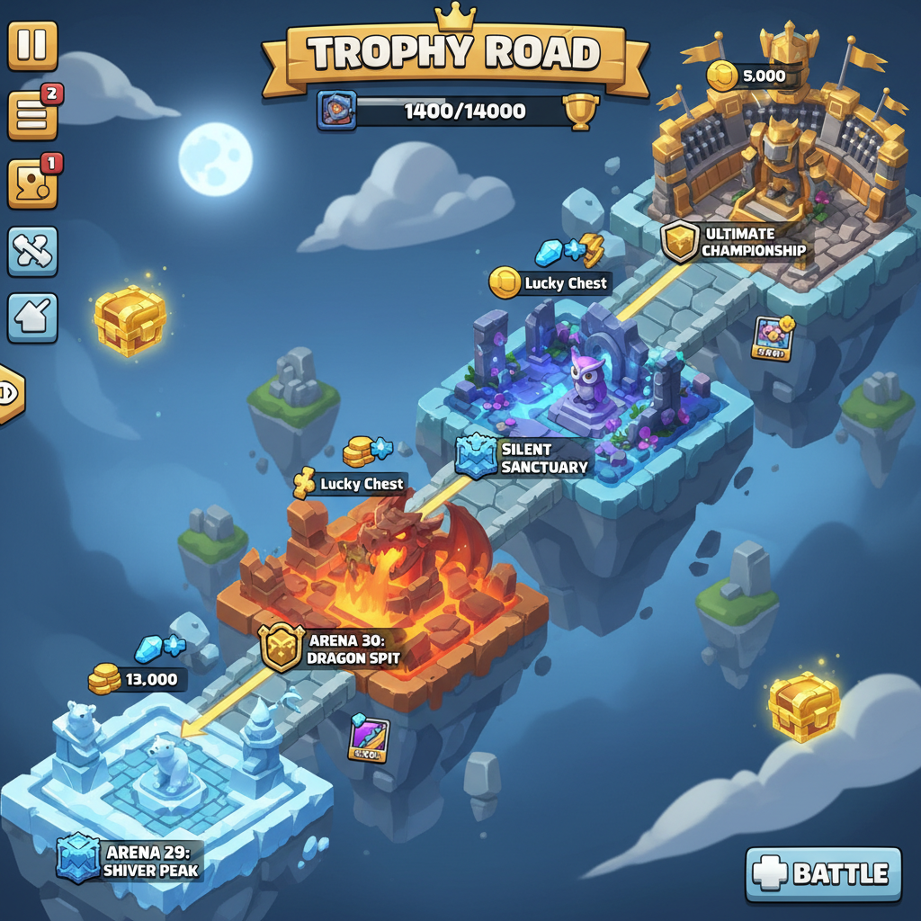 Écran du Chemin des trophées de Clash Royale montrant l'Arène 29 à 32 et le plafond de 14 000 trophées