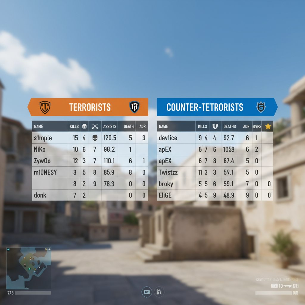 Marcador de CS2 en el juego en Thera con estadísticas avanzadas activadas