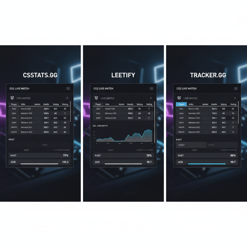 Mockup comparativo de los paneles de csstats.gg, Leetify y Tracker.gg con filas de KAST y ADR