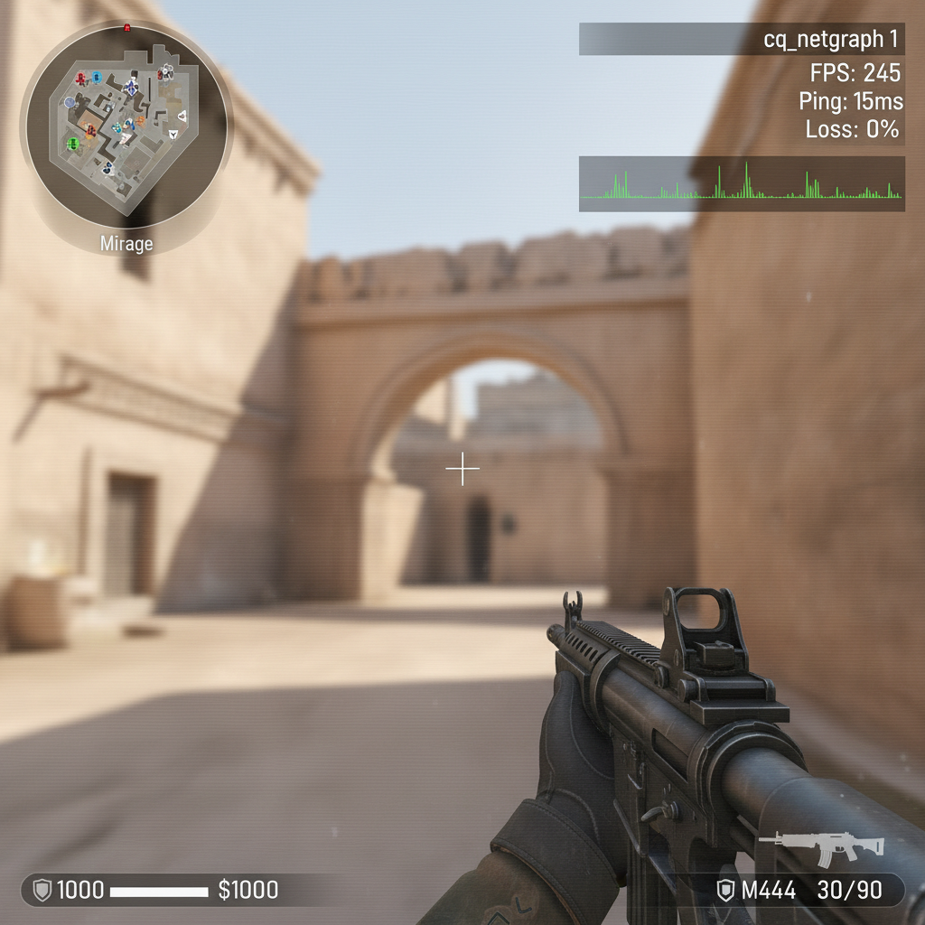 HUD de CS2 con cq_netgraph 1 activado mostrando FPS, ping y pérdida en vivo