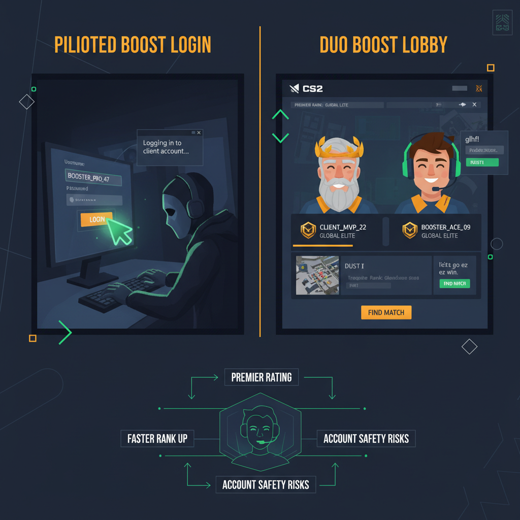 Écran divisé montrant la connexion au compte en boost piloté vs lobby de boost duo sur CS2