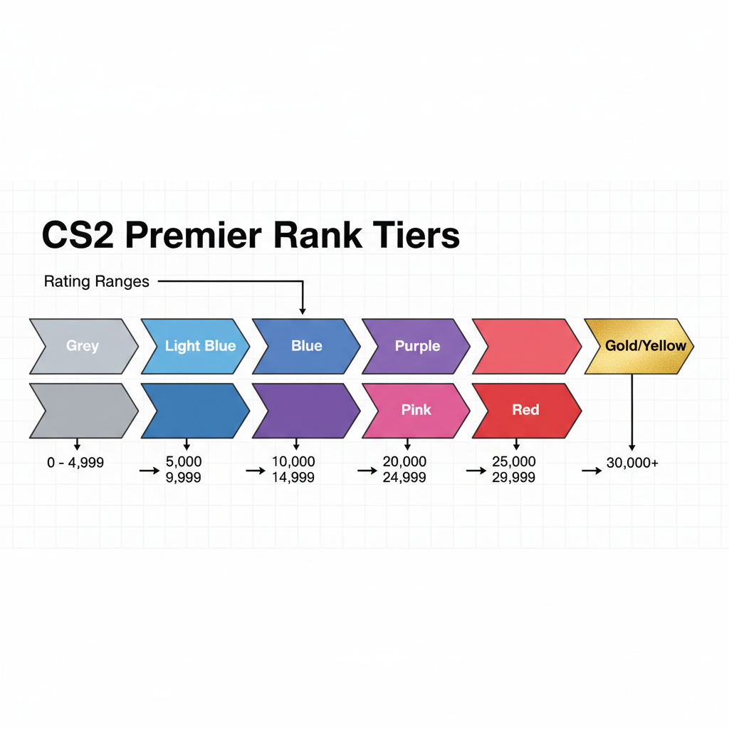 Niveles de color de rango de CS2 Premier desde Gris a Oro con rangos de puntuación