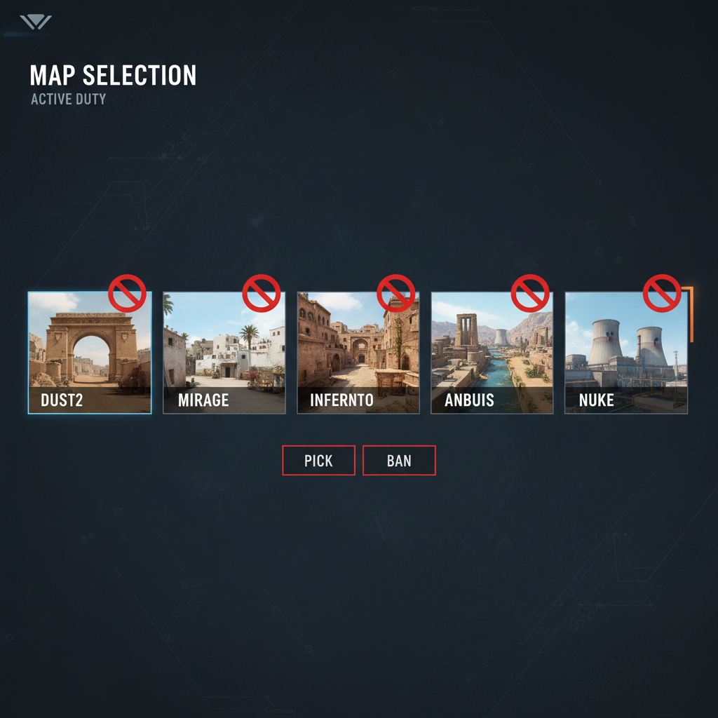 Pantalla de selección de mapas pick-ban de CS2 Premier
