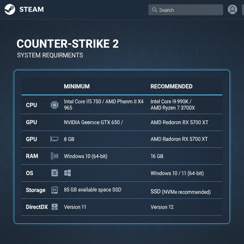 CS2 minimum vs recommended specs comparison table