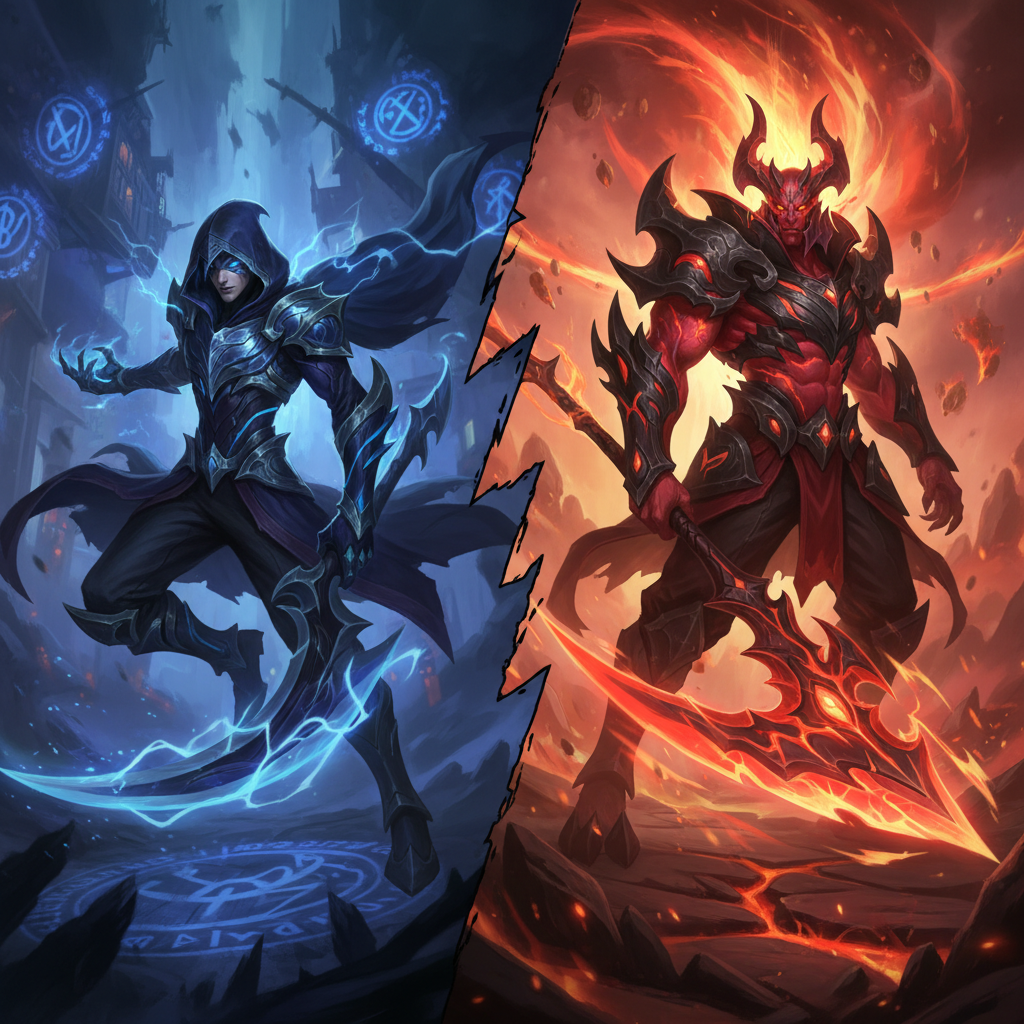 Comparación de las formas de Asesino Sombrío de Kayn y la transformación Darkin de Rhaast