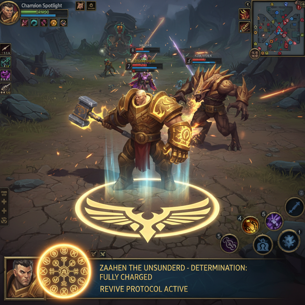 Zaahen con la pasiva de Determinación totalmente cargada brillando en una escaramuza de carril superior