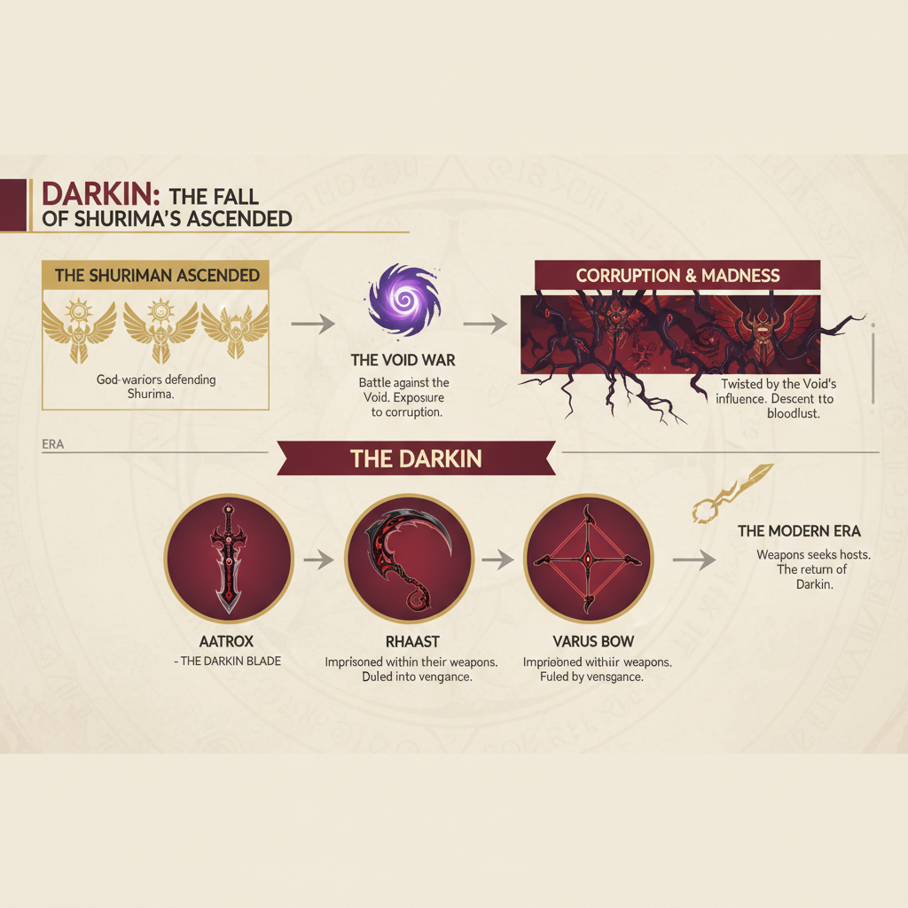 Infografía de la línea temporal de los orígenes Darkin desde Ascendidos de Shurima hasta armas encarceladas
