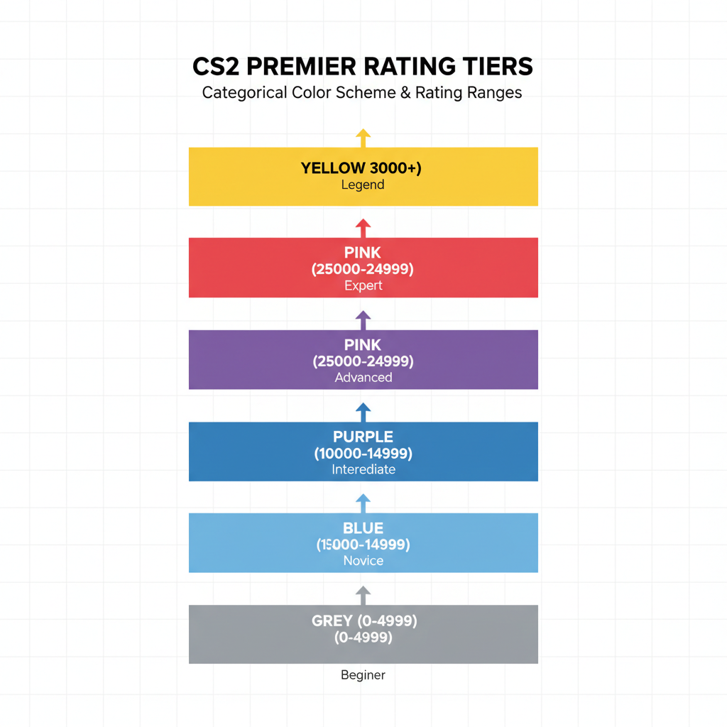 CS2 Premier ratingkleurengrafiek met alle zeven niveaus van Grijs tot Geel met ratingbereiken