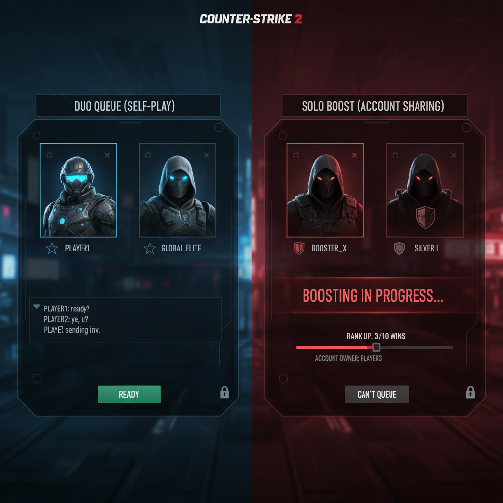 Split-screen vergelijking met CS2 self-play duo queue lobby versus concept voor solo account-sharing boost