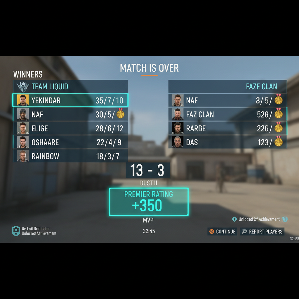 CS2 scorebord eindscherm na de wedstrijd met Premier ratingwinst