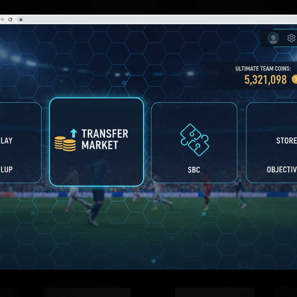 FC 26 Web App home screen showing the Transfer Market and SBC tiles