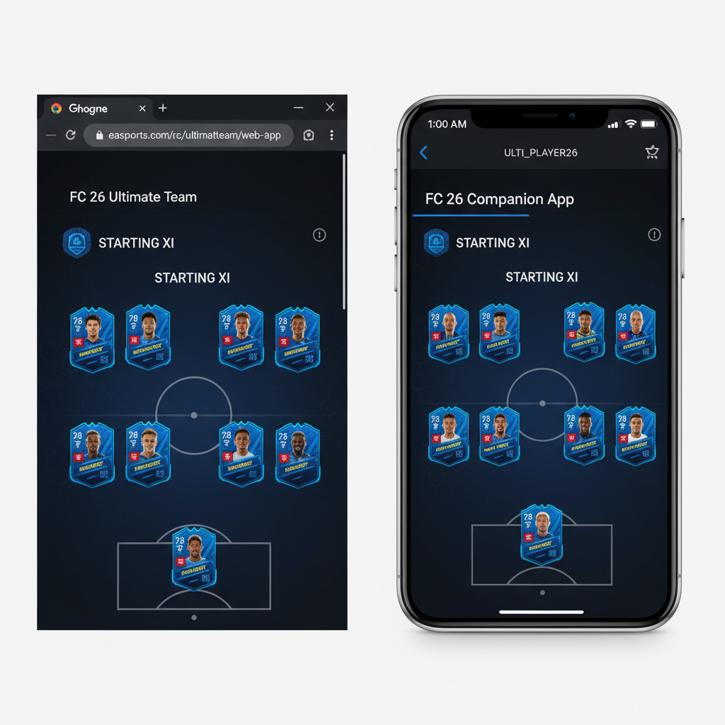 Side by side comparison of the FC 26 Web App in a browser and the Companion App on a phone