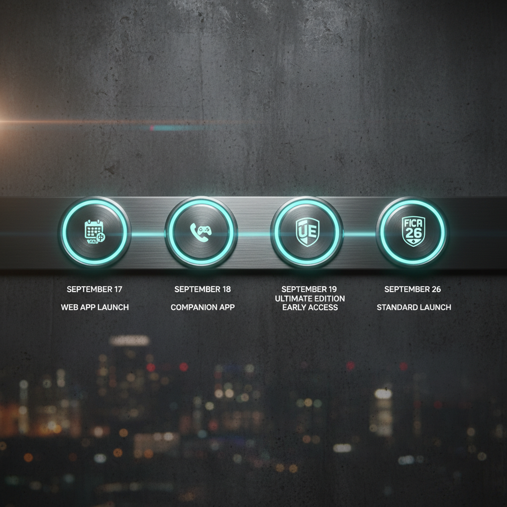 Timeline graphic showing FC 26 release dates from September 17 web app through September 26 full launch