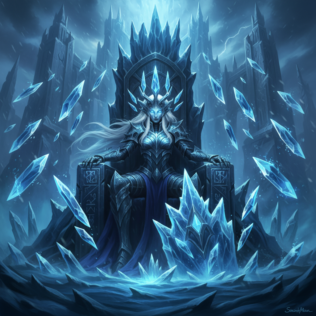 Arte de presentación de Lissandra Glaciwar en su trono de hielo