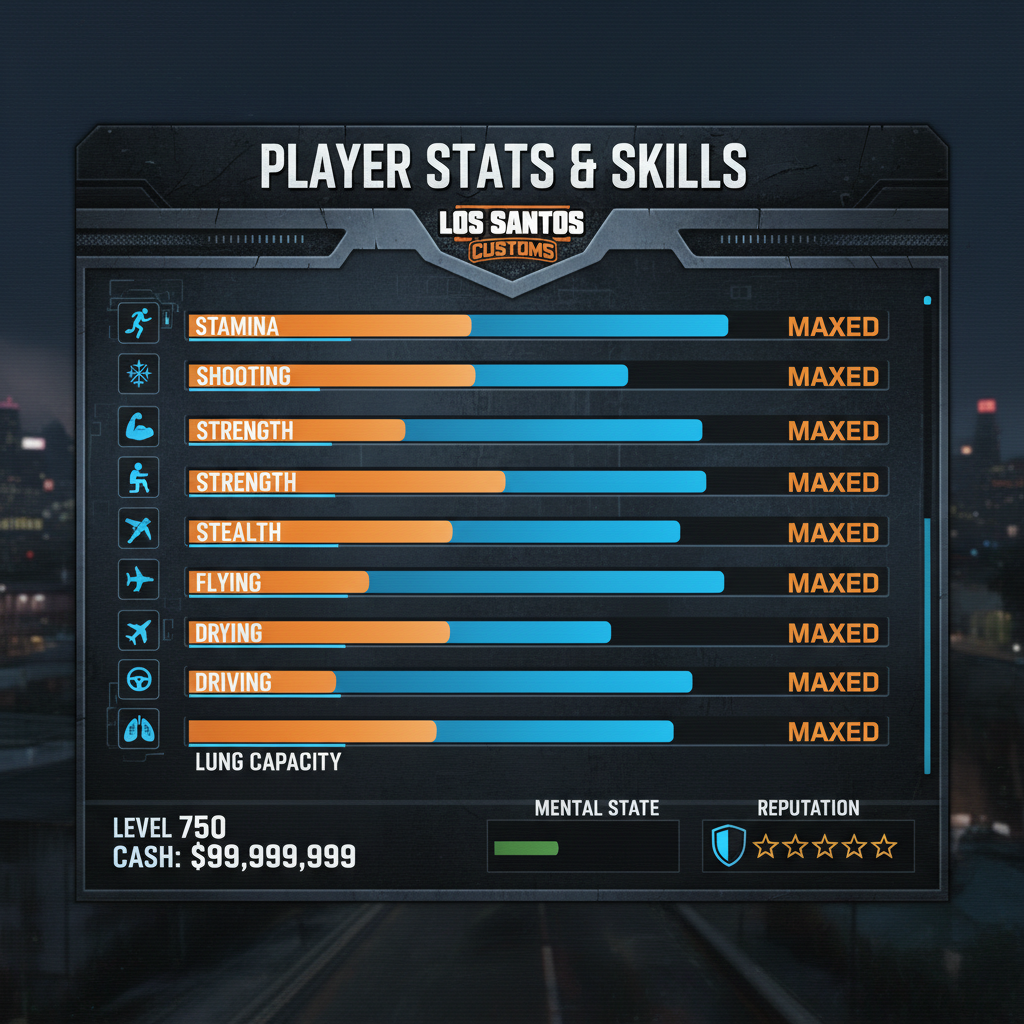 GTA Online character stats panel showing maxed skills