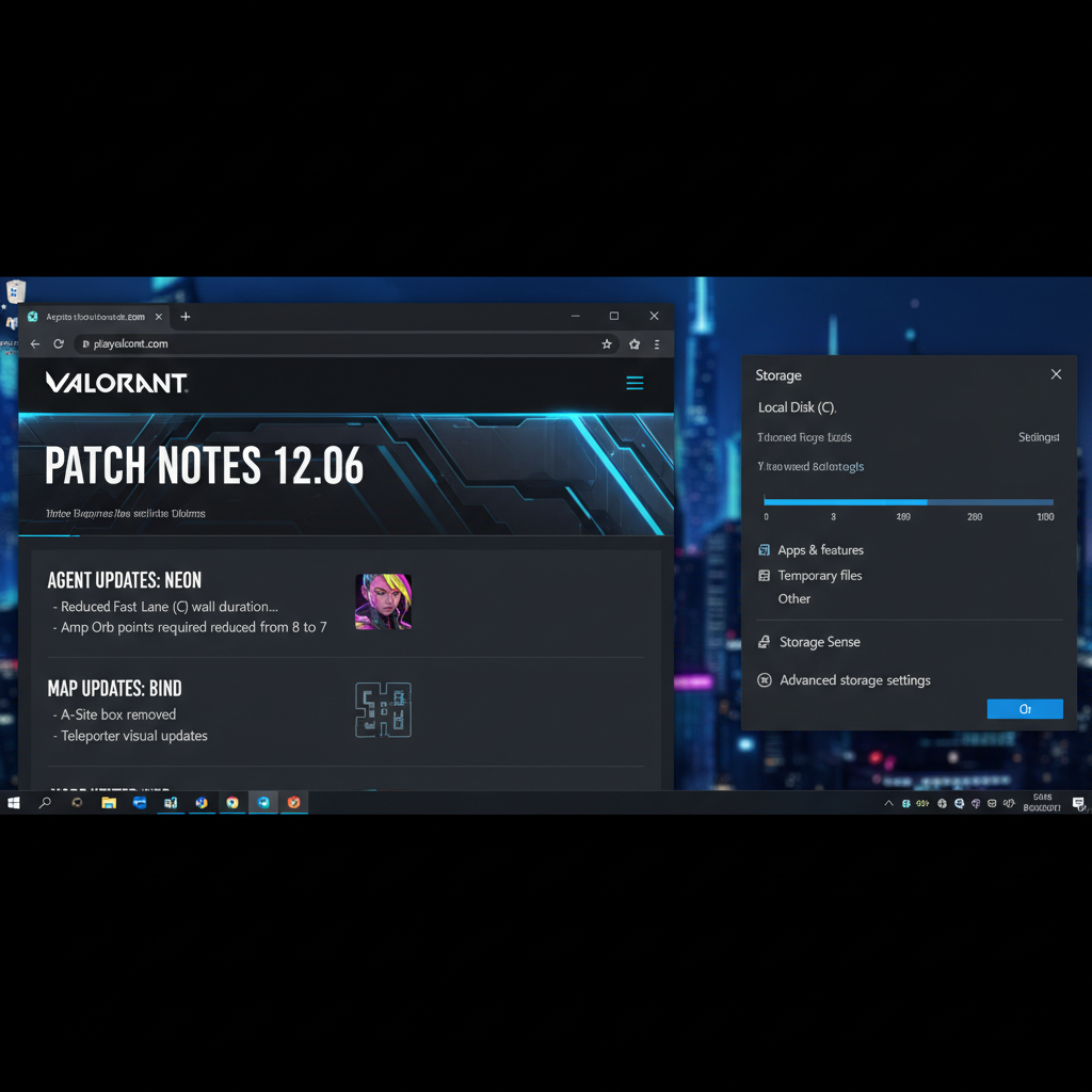 Valorant patch 12.06 patch-notes pagina naast Windows opslagpaneel