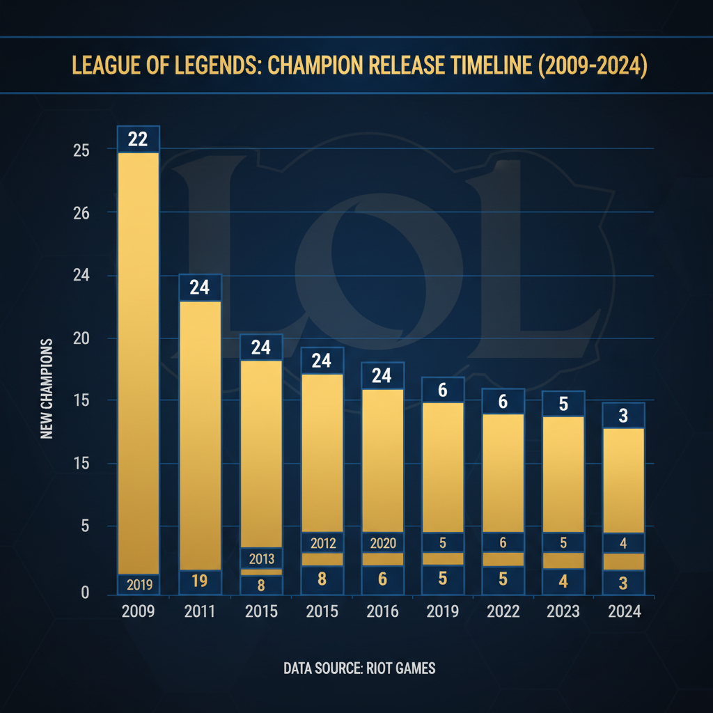 Timeline of League of Legends champion releases per year from 2009 to 2026