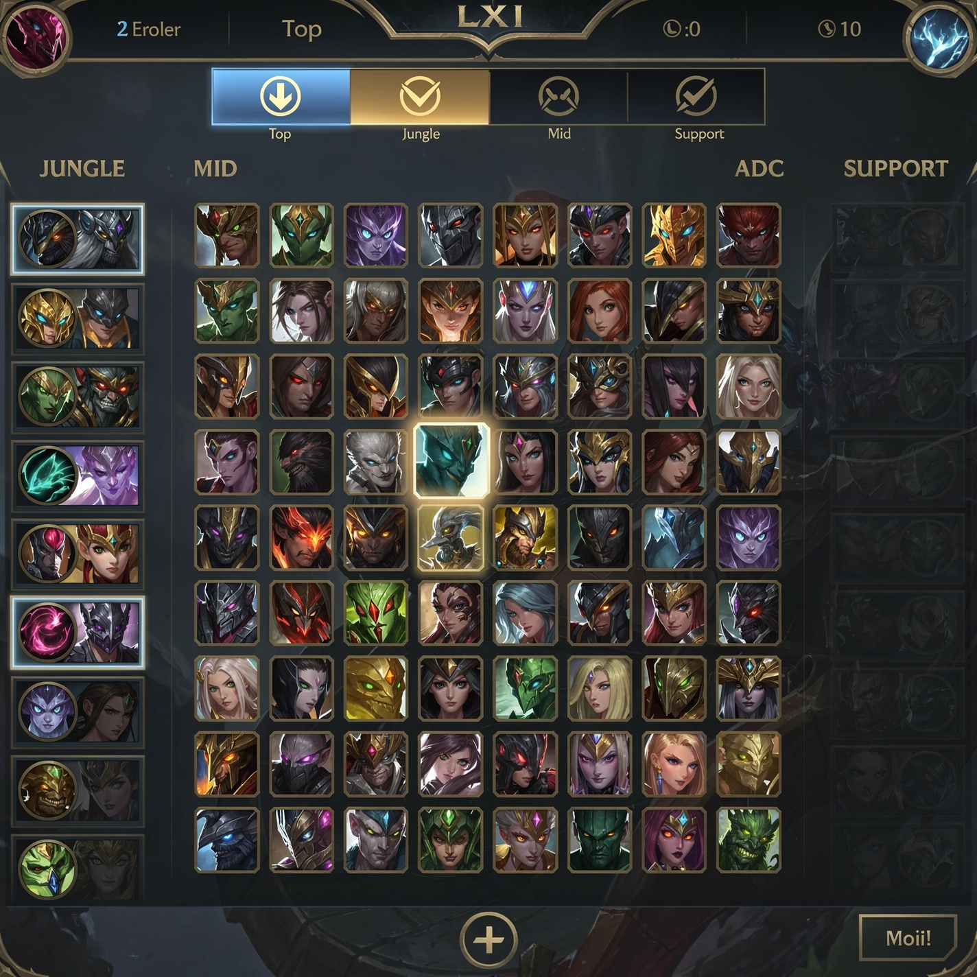 League of Legends champion select screen showing role filter and champion grid