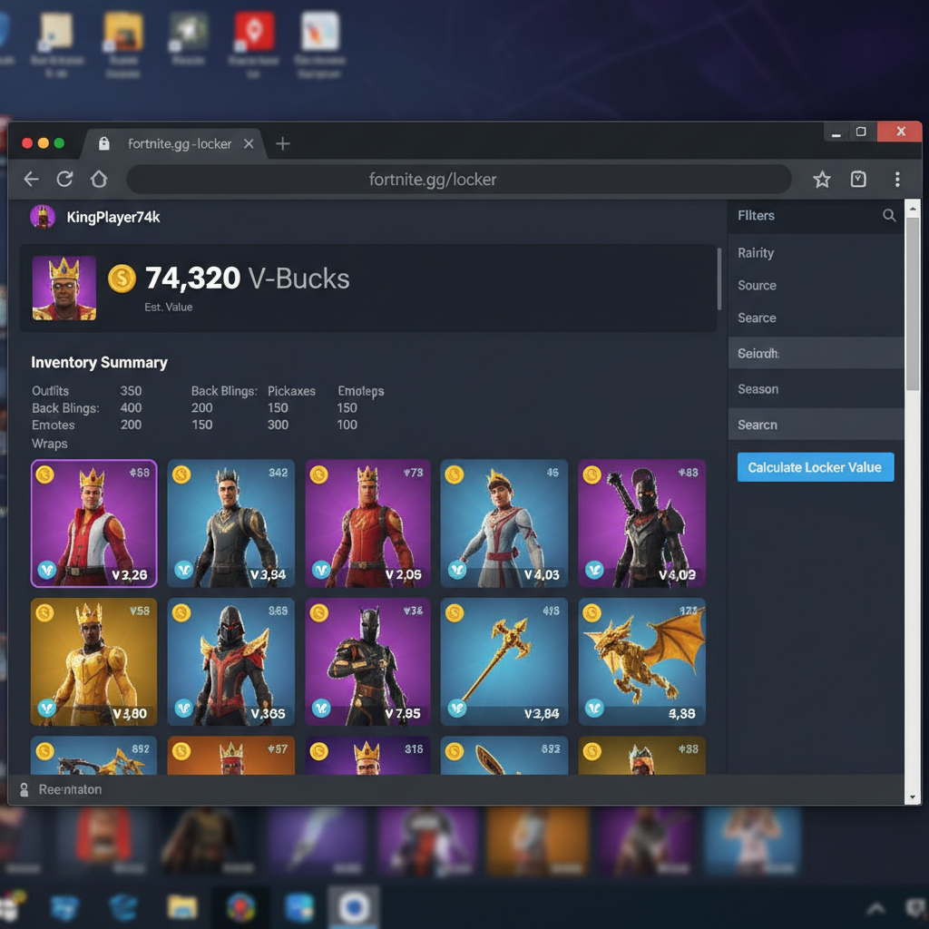 Fortnite.gg locker tool showing account valuation