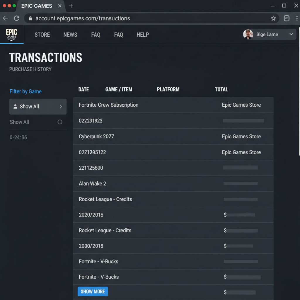 Epic Games transactions page showing purchase history