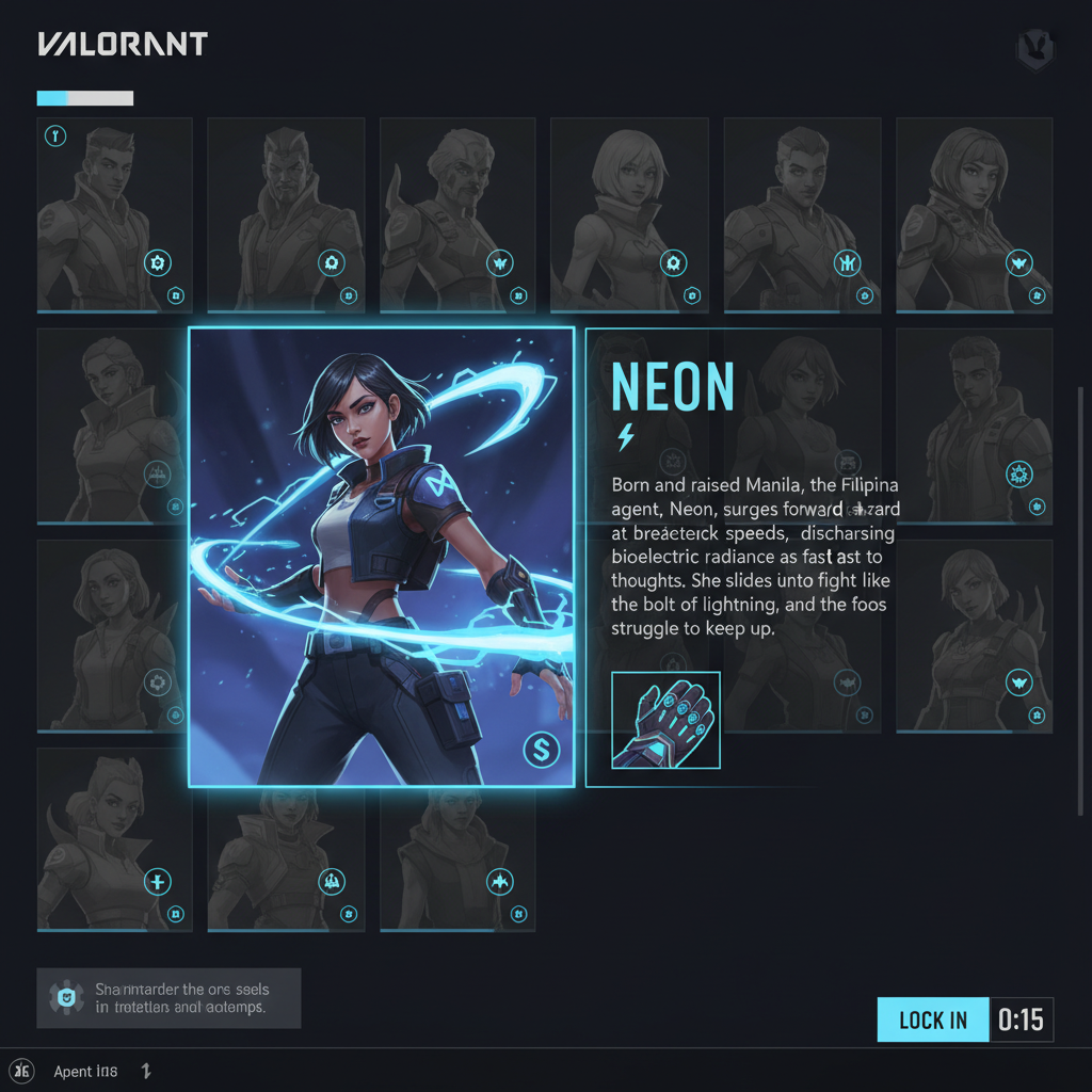 شاشة اختيار عميل Valorant تظهر نيون محددة