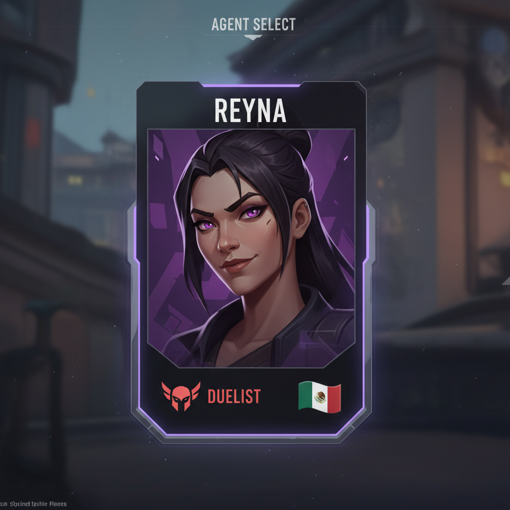 Reyna agent select card showing her portrait, duelist role, and Mexico flag