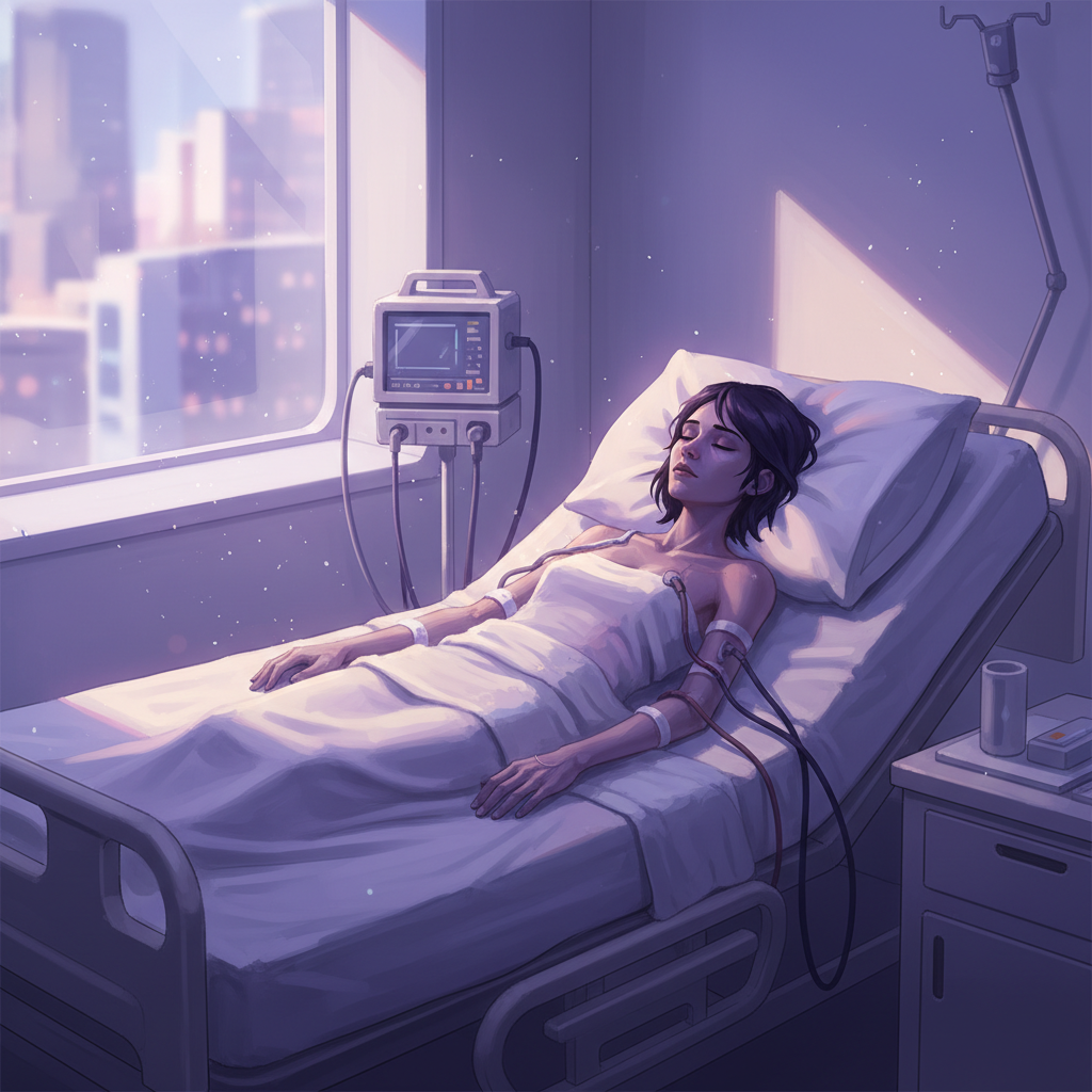 Lucia, Reyna's sister, lying in critical condition surrounded by soft purple light