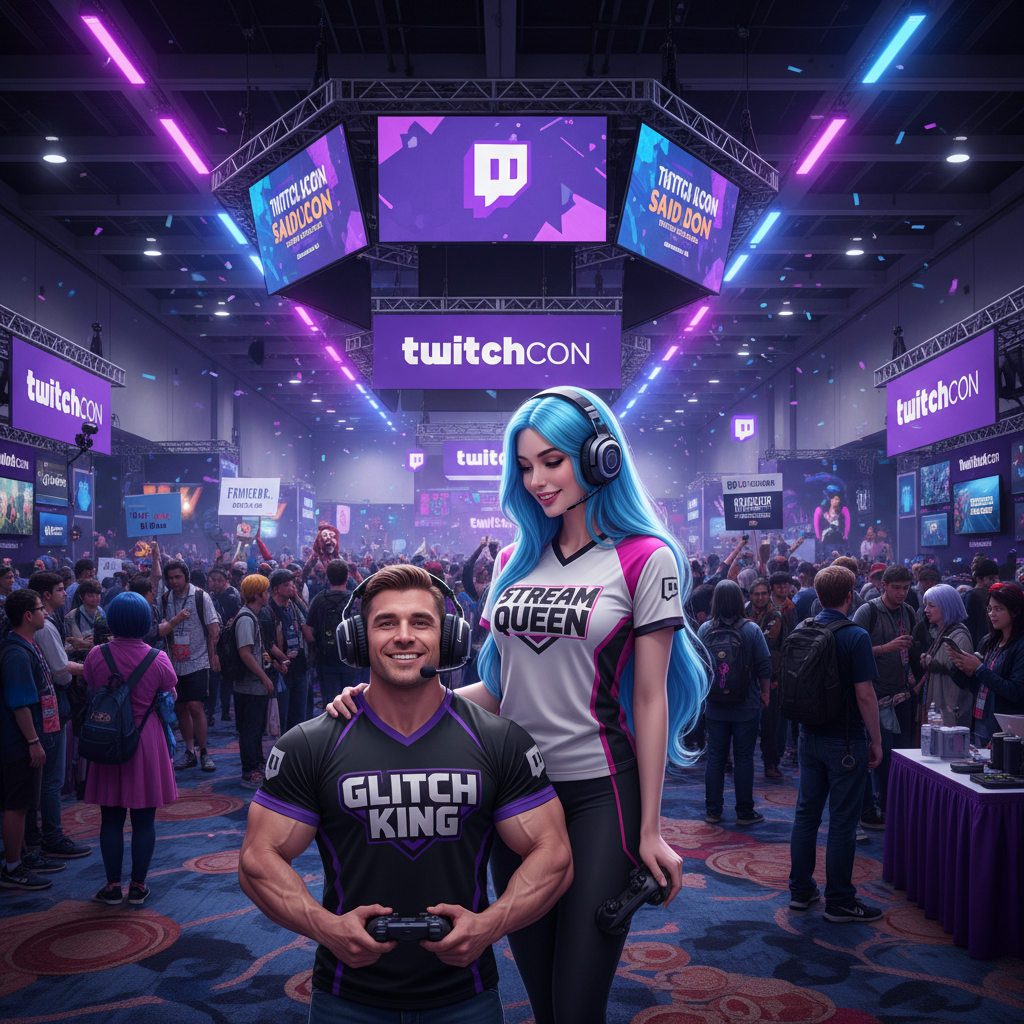 TwitchCon scene showing height difference between a short muscular man and a tall woman