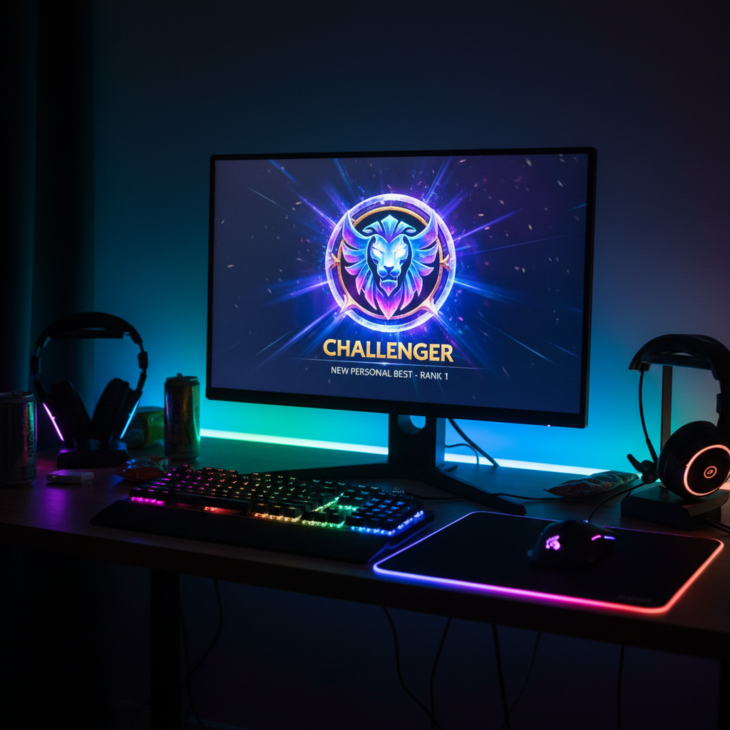 League of Legends Challenger rank emblem on a streaming monitor