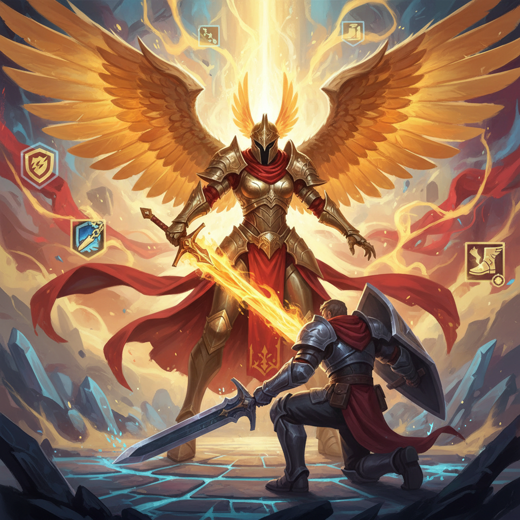 كايلي في هيئتها المتصاعدة بأجنحة ذهبية وسيف ملتهب