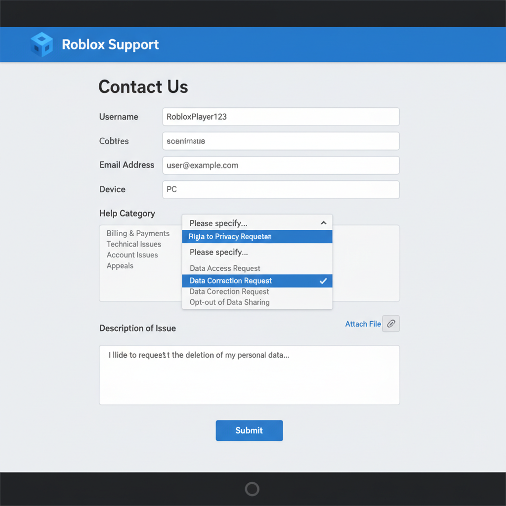 Roblox support form data privacy request