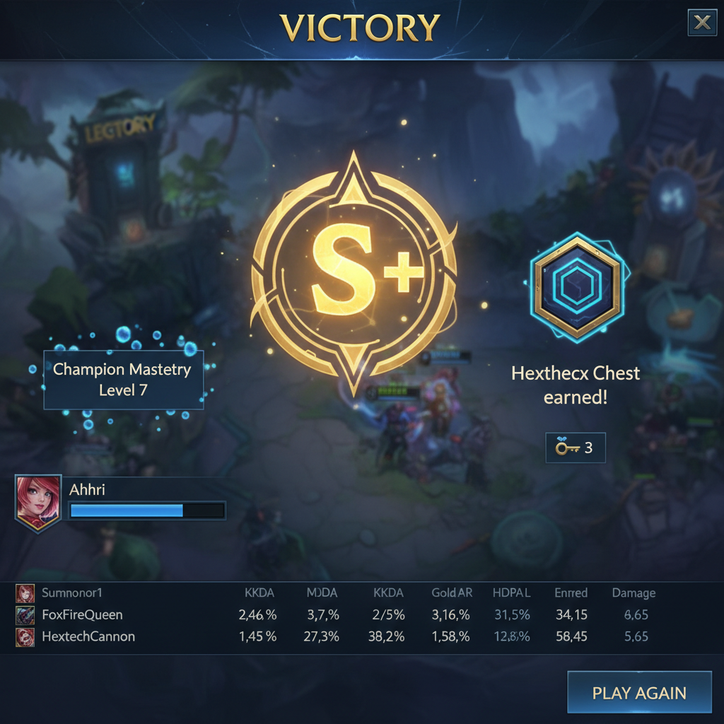 Post-Game-Bildschirm zeigt S-Rang-Bewertung und Hextech-Truhen-Belohnung