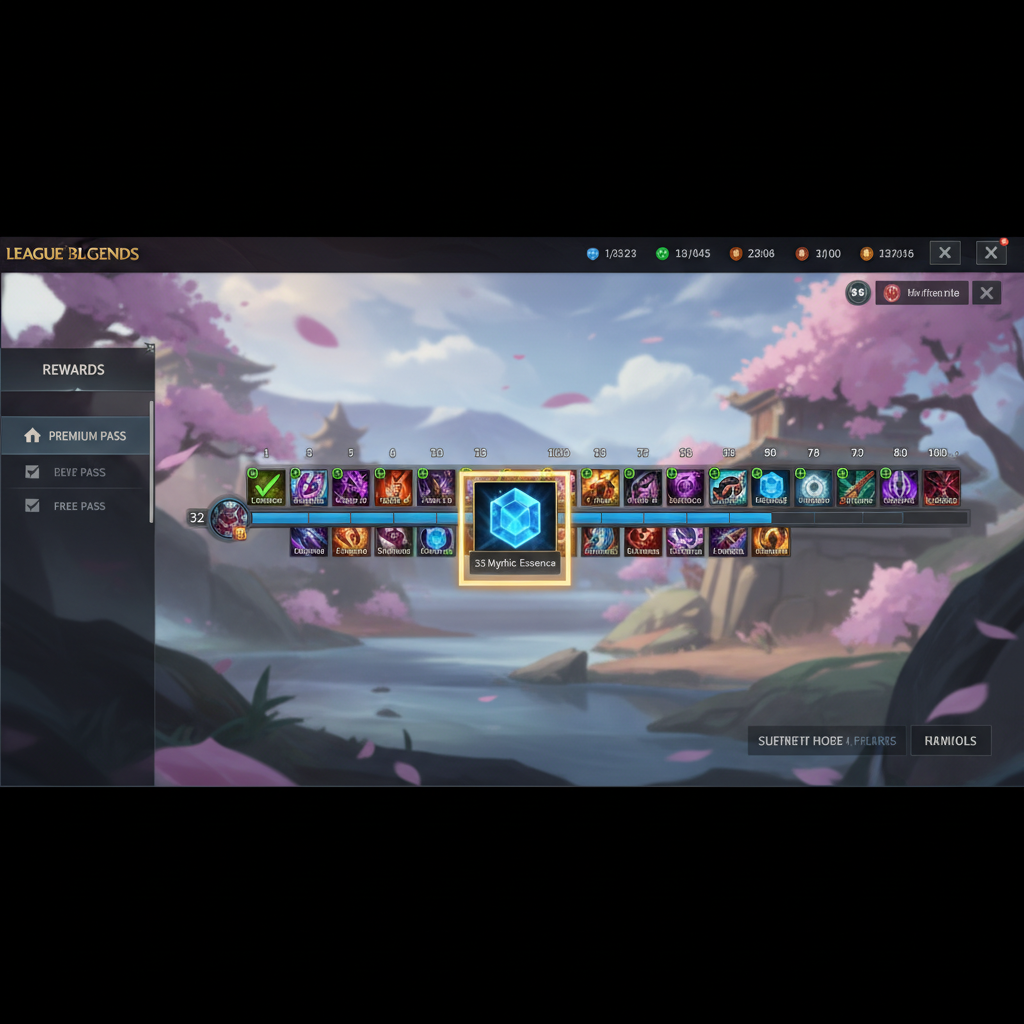 Battle Pass reward track with Mythic Essence milestone highlighted