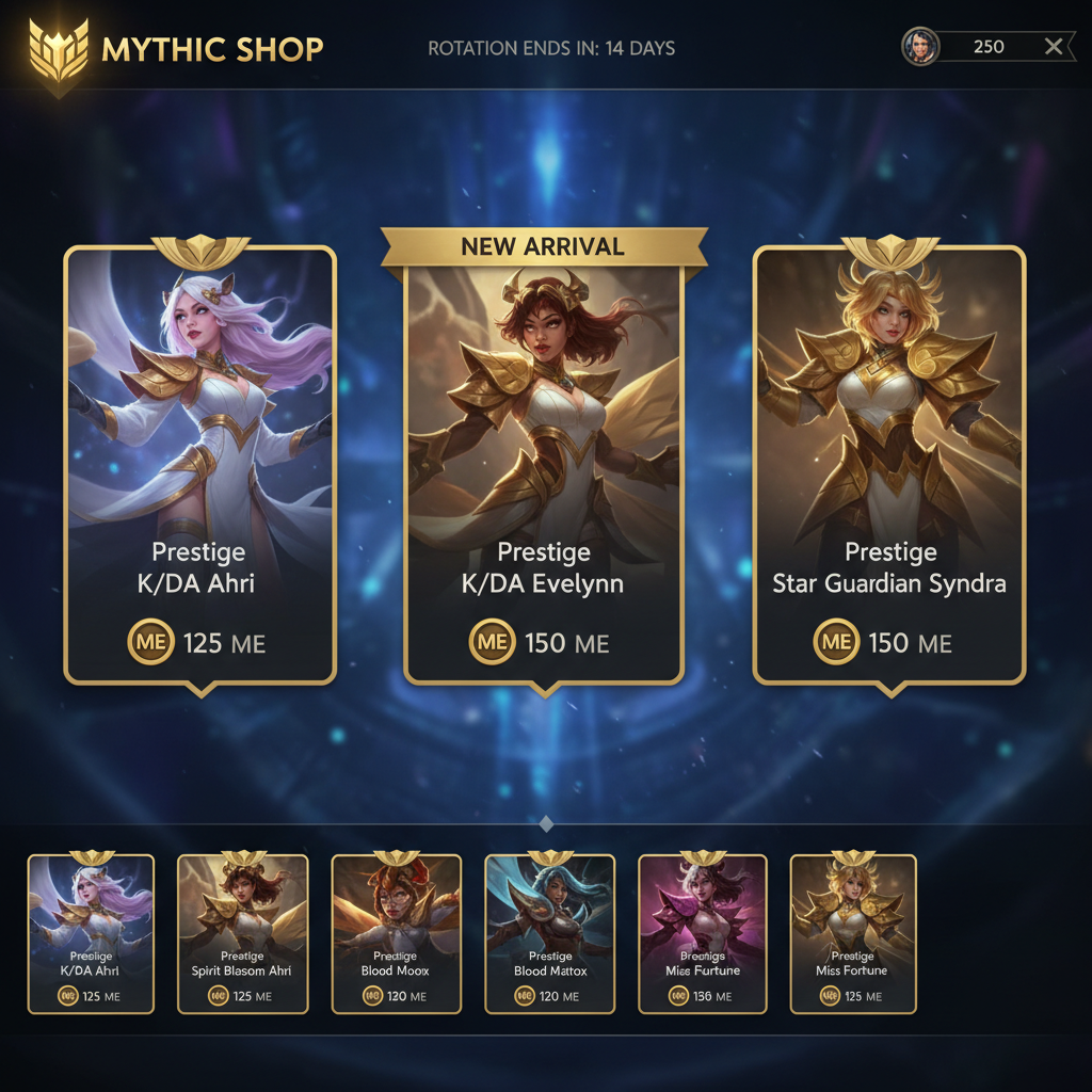 Mythic Shop rotation showing prestige skin cards with ME prices
